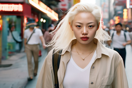 an albino girl of Asian appearance walks along the noisy streets of a noisy metropolis.の素材