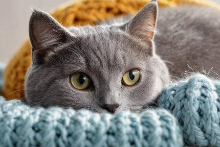 Funny gray cat sticks out its muzzle among woolen knitted clothes.の素材
