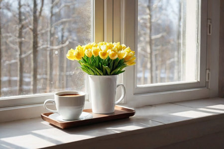 A cup of coffee, a bouquet of flowers on the window on a sunny winter day. Cozy still lifeの素材