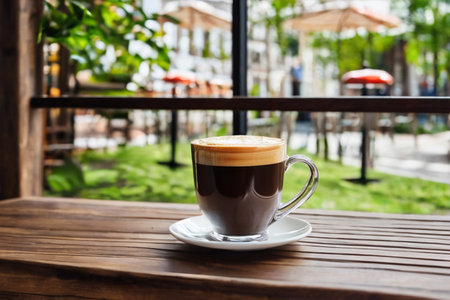 Morning cup of coffee on a wooden table in a street cafeの素材