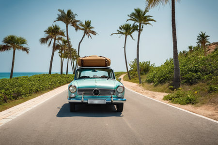 Tropical landscape. A car with suitcases on the roof rushes along the road to the sea at sunsetの素材