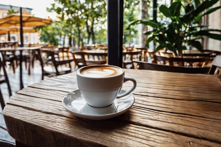 Morning cup of coffee on a wooden table in a street cafeの素材