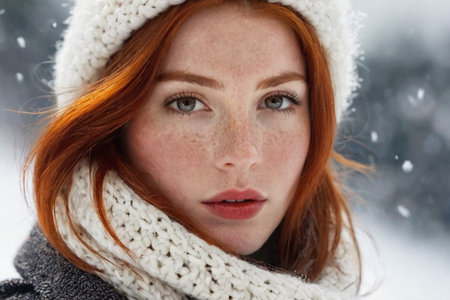 Winter portrait of a young red-haired girl in a knitted hat and scarf covered with snow. Face with freckles close-up. Snowy winter beauty concept.の素材