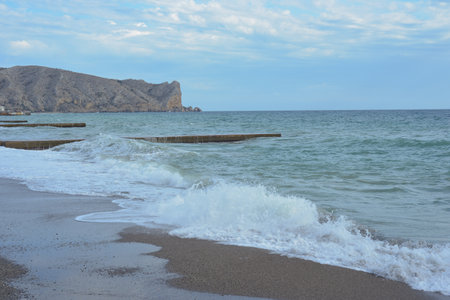 Background landscape view of Sudak Bay, the city of Sudak and its embankment in Crimea.の写真素材