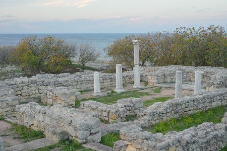 Ancient columns, ruins of Chersonese Tauride, Sevastopol, Crimea, Russiaの写真素材