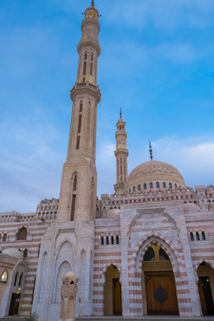 Beautiful Al Mustafa Mosque in Sharm el-Sheikh in Egypt, at sunsetの写真素材