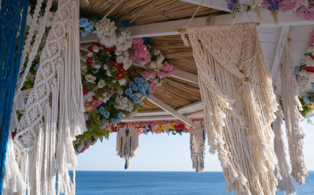 Macrame beach umbrellas, beach decoration.の写真素材