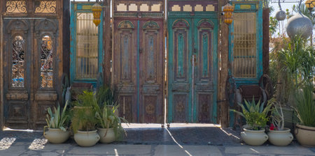 Facade of wooden antique doorsの写真素材