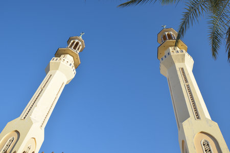 Minarets of a mosque with blue sky in Sharm el-Sheikh, Egyptの写真素材