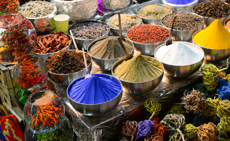Colorful spices at the bazaar in the old city in Egyptの写真素材