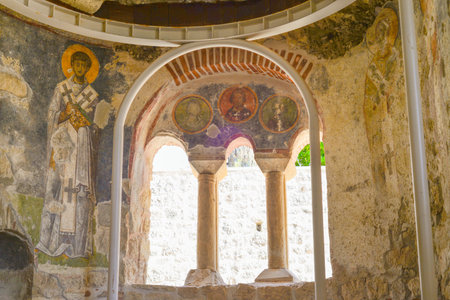 Medieval frescos in the St. Nicholas church in Myra. Demre, Antalya, Turkey. Byzantine wall-painting. History of religion and art concept.の写真素材