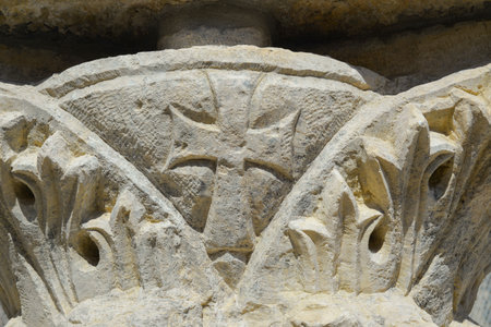 Column detail. Cross on an ancient column in St. Nicholas Church in Demre, Mira, Antalya Province.の写真素材
