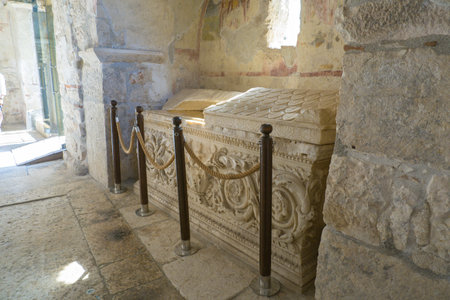 Ancient carved stone Sarcophagus Inside the Church of St. Nicholas in Demre, Myraの写真素材