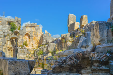 Ruins of the ancient city of Myra in Demre, Turkey, Face stone relief of ancient town of Myra in Lyciaの写真素材