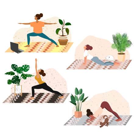 The girl is engaged in yoga and physical education in the studio and apartmentのイラスト素材