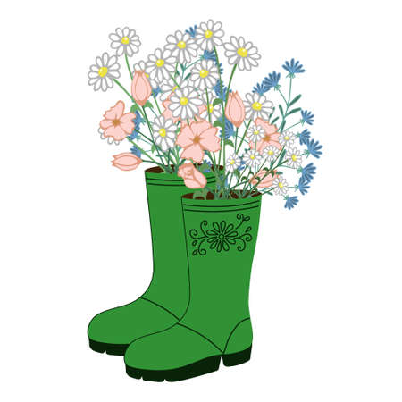 A nice bouquet of flowers in beautiful green rubber boots.のイラスト素材