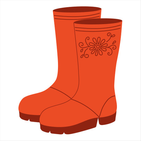 A pair of red rubber boots. An illustration isolated against a white background. Shoes in rainy weather, for gardening or farmingのイラスト素材