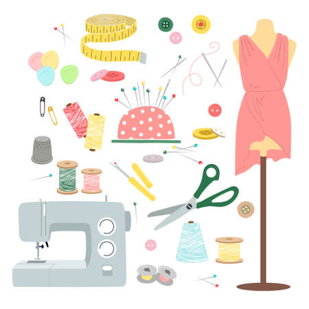 Colorful set of items for sewing, needlework. Vector illustration on white background.のイラスト素材