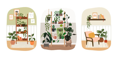 Set of interior design elements in flat style. Vector illustration. Houseplants.のイラスト素材