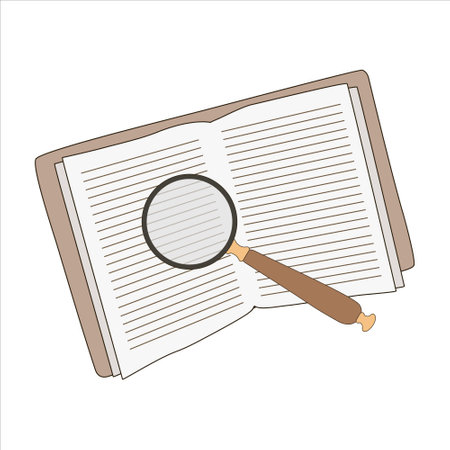 Vector notepad with magnifier. magnifying glass over an open book with blank pages.のイラスト素材