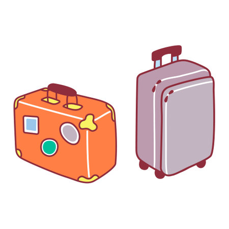 Set of two suitcases. Family suitcases for summer travel, luggage, transportation, flights. Vector illustration in flat style isolated on a white background.のイラスト素材