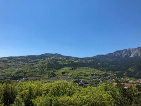 Beautiful view of the mountains and green forest. View of the valley with mountains. Crimea, Yaltaの写真素材
