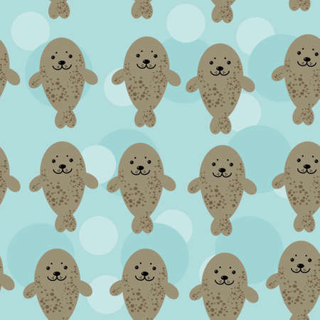 Seamless pattern with funny cute  gray seals sea animal on a blue background Vector sea zoo lion swim north winks smile water polar ocean marineのイラスト素材