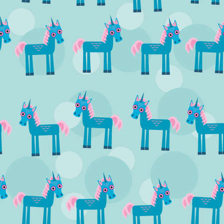 Seamless pattern with funny cute unicorn animal on a blue background Vector corn pony mane tale hind horse, dream, magic, fairyのイラスト素材