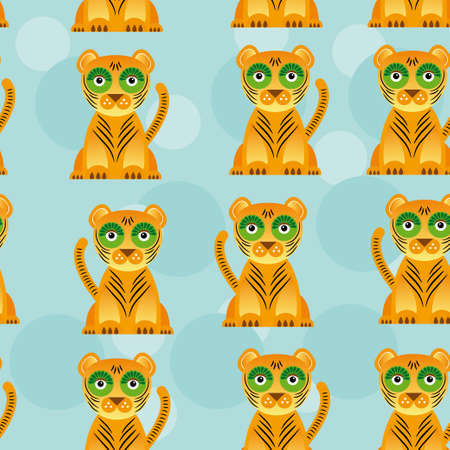 Seamless pattern with funny cute jaguar animal on a blue background  Vector yellow, feline, bobcatのイラスト素材