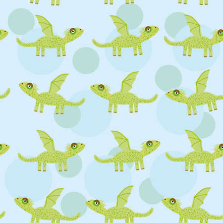 Seamless pattern with funny cute dragon on a blue background  Vector dinosaur; mythology; fairytaleのイラスト素材