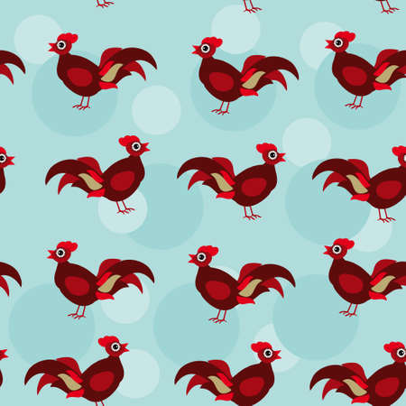 Seamless pattern with funny cute rooster bird on a blue background のイラスト素材