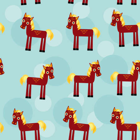 Brown horse with yellow mane Seamless pattern with funny cute animal on a blueのイラスト素材