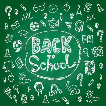 Set back to school. Blackboard chalk sketch. White line on a green backgroundのイラスト素材