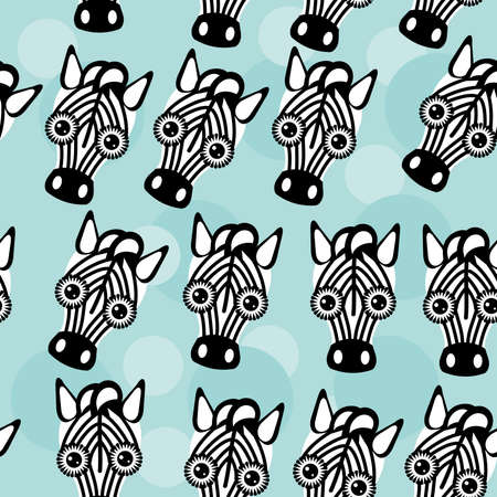 Zebra Seamless pattern with funny cute animal face on a blue background. のイラスト素材