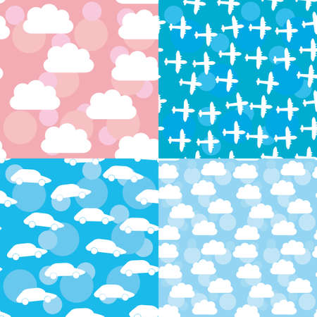 Seamless pattern set sunset, sunrise, sky, clouds white silhouette of plane and car.のイラスト素材