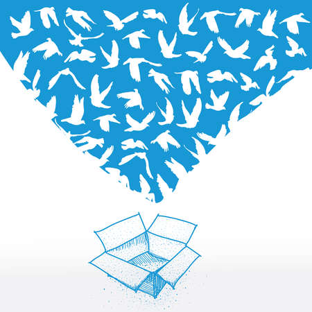 Doodle box, Sketch Flying dove white pigeon for peace concept and wedding design. のイラスト素材