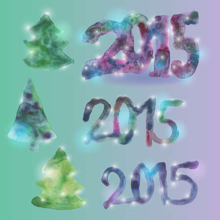 Greeting card set figures and Christmas trees New Year 2015 Watercolor.のイラスト素材