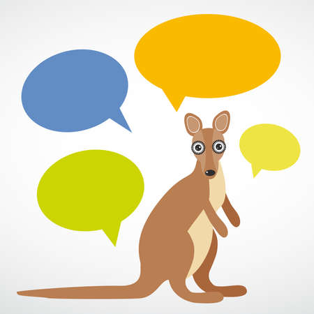 template Funny kangaroo with colorful speech bubbles on white background. のイラスト素材