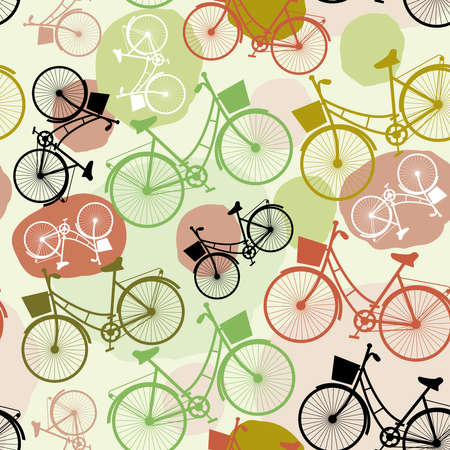 Vintage bicycles, seamless pattern, pastel colors green brown beigeのイラスト素材