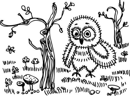 Owl, trees, grass, mushrooms Black contour on a white backgroundのイラスト素材