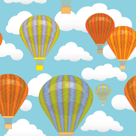 Seamless pattern. Hot air balloon and clouds in the sky Vector illustration. Background postcardのイラスト素材
