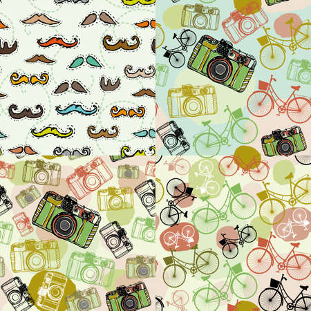 Set of 4 seamless pattern with a mustache camera bikeのイラスト素材