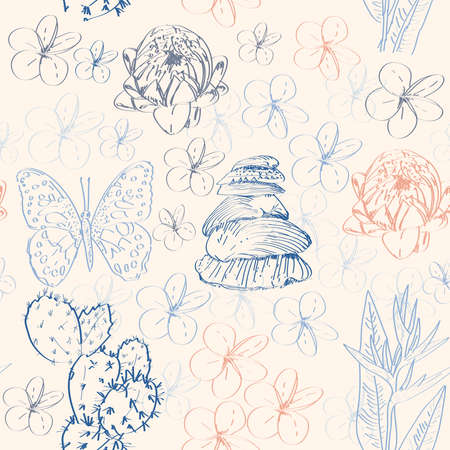 Seamless pattern with cactus, butterflies, flowers and shells.のイラスト素材