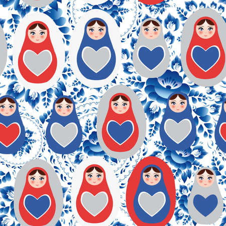Seamless pattern blue red gray Russian dolls on a floral background.のイラスト素材