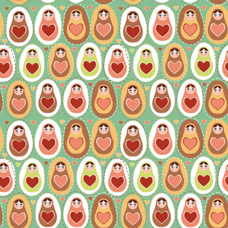 Seamless pattern Russian dolls matryoshka mint pink brown.のイラスト素材