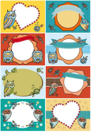 Set of greeting cards. Funny Owl Flowers Vintage ribbon labels  card templateのイラスト素材