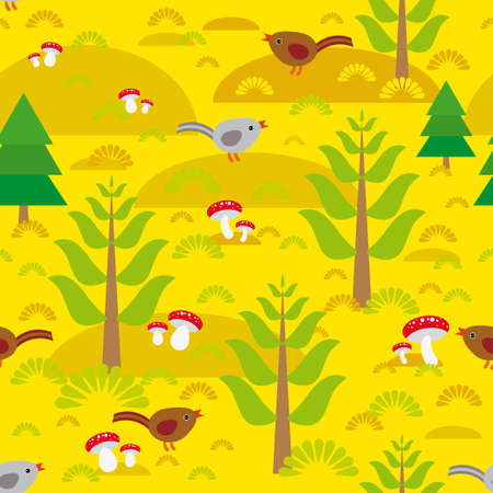 Seamless background with orange autumn mushrooms spruce trees birds. のイラスト素材