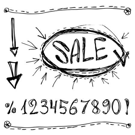 Sale numbers percentages, arrows. Sketched on a white background. のイラスト素材