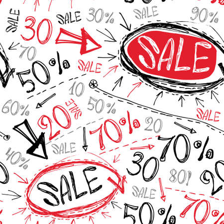 Sale seamless pattern. Sketch black red on a white background. のイラスト素材