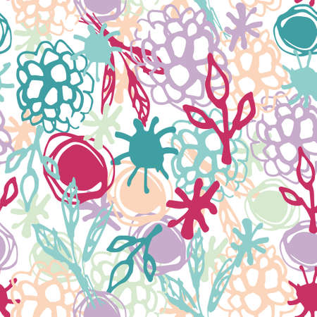 Seamless pattern with flowers, leaves, spot. Sketch Pink blue purple background vector